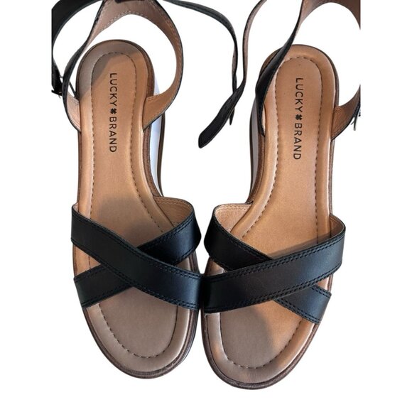 Lucky Brand Tarhi Womens Black Leather Wedge Platform Sandals Size 9 - Picture 2 of 6